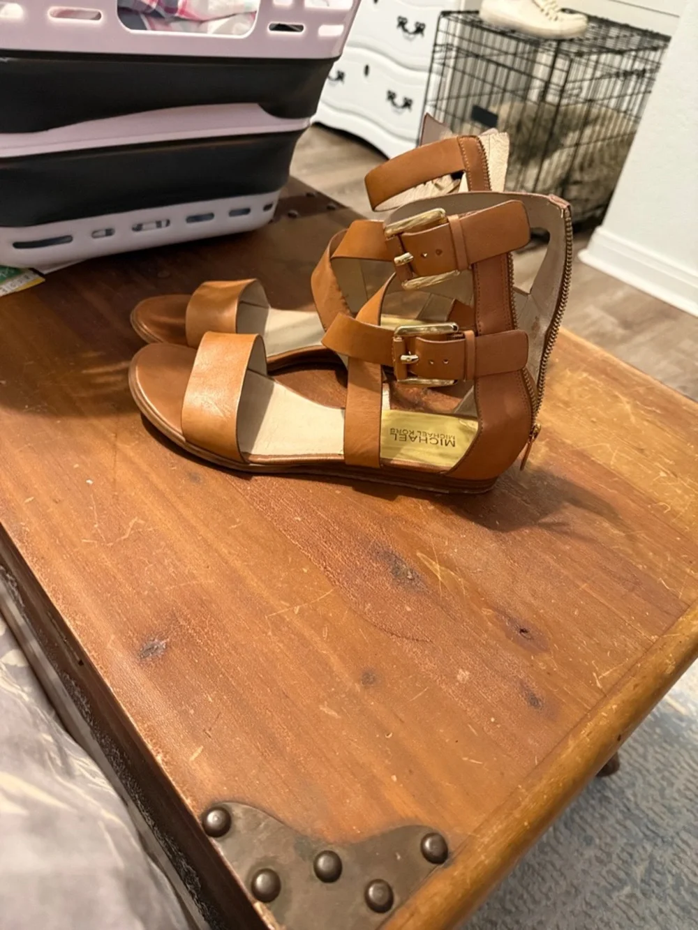 Michael Kors Brown Leather Strappy Wedge Sandals - Picture 2 of 3